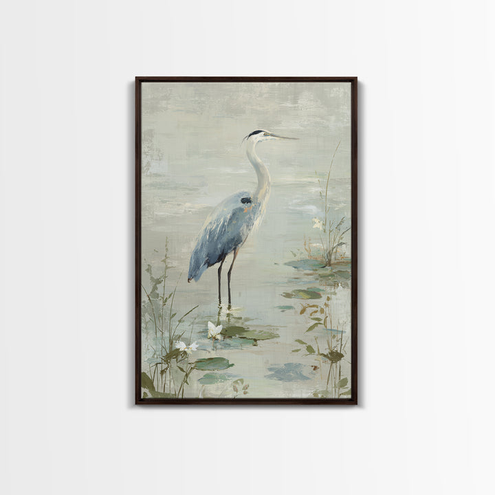Blue Heron in Quiet Marsh Framed Canvas Print, Waiting Room Art, Bedroom Decor, Waiting Room Decor, Fine Art, Calm, Abstract, WRA-2x3-68