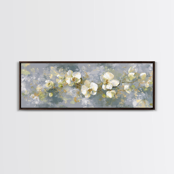 White Orchid on Light Gray Ground Framed Canvas Print, Waiting Room Art, Boho Decor, Waiting Room Decor, Fine Art, Calm, WRA-3x1-23