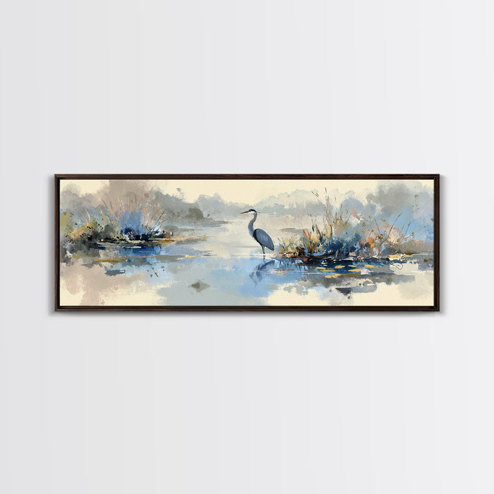 Blue Heron in Quiet Marsh Framed Canvas Print, Waiting Room Art, Dental Art, Waiting Room Decor, Oil Painting, Calm, WRA-3x1-28