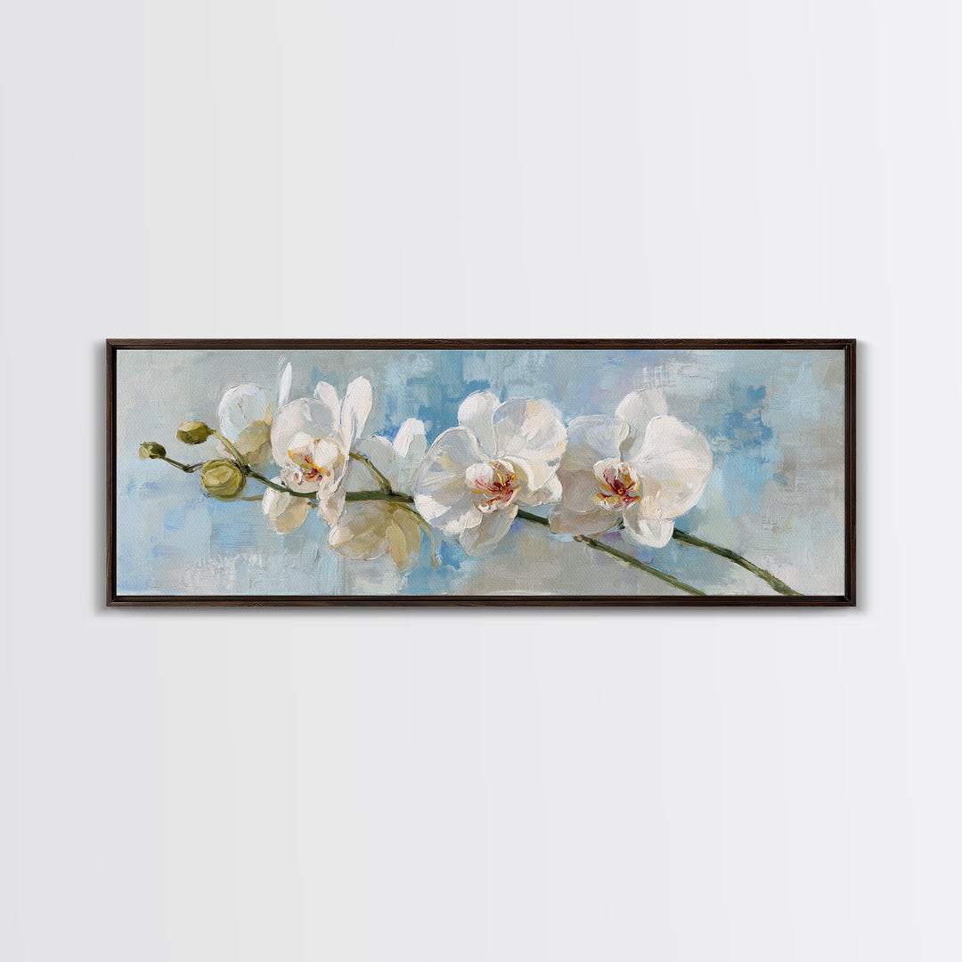 White Orchid on Light Gray Ground Framed Canvas Print, Waiting Room Art, Wall Decor, Waiting Room Decor, Oil Painting, Calm, WRA-3x1-47