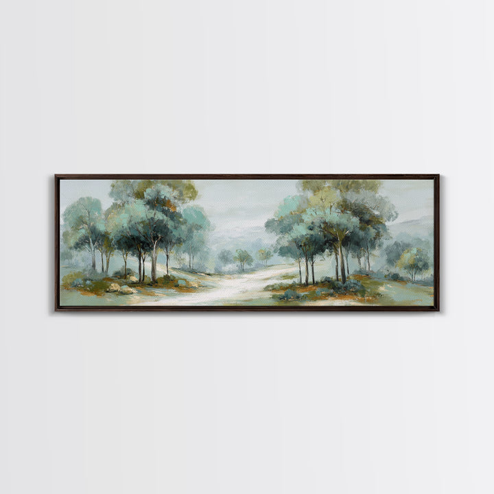 Misty Forest Path Framed Canvas Print, Waiting Room Art, Waiting Room Decor, Oil Painting, Calm, Office Wall Decor, WRA-3x1-51