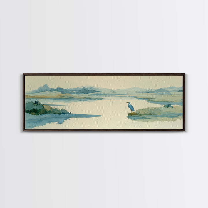 Blue Heron in Quiet Marsh Framed Canvas Print, Waiting Room Art, Room Decor, Waiting Room Decor, Abstract Art, Calm, WRA-3x1-52