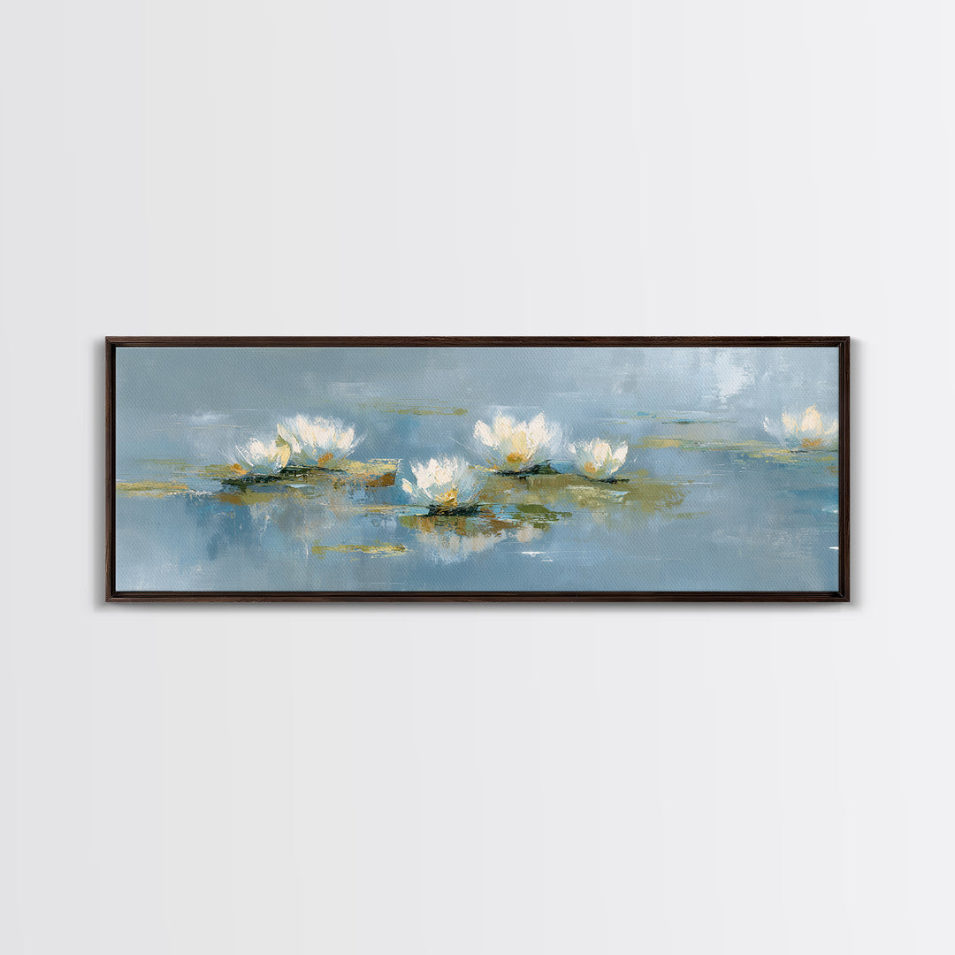 Lotus Flower on Still Water Framed Canvas Print, Waiting Room Art, Neutral Decor, Waiting Room Decor, Fine Art, Calm, WRA-3x1-7