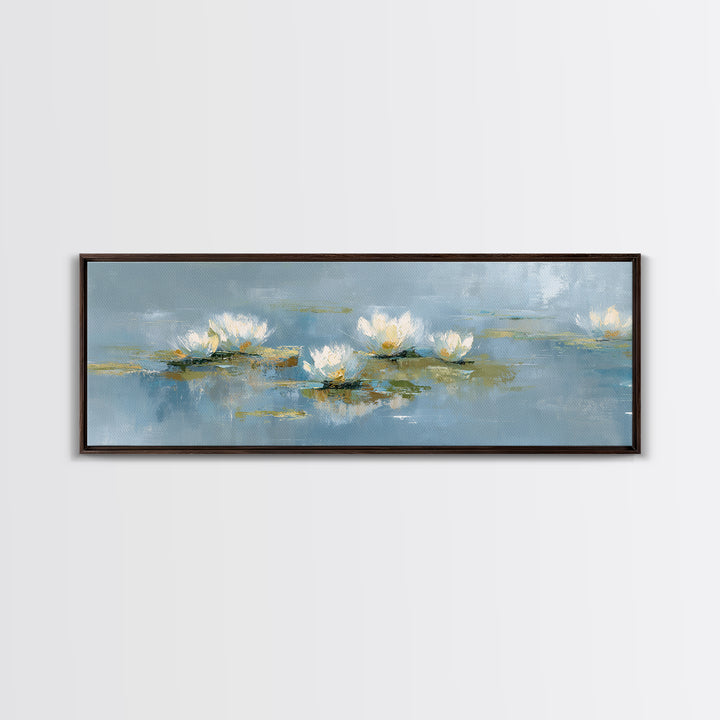 Lotus Flower on Still Water Framed Canvas Print, Waiting Room Art, Neutral Decor, Waiting Room Decor, Fine Art, Calm, WRA-3x1-7