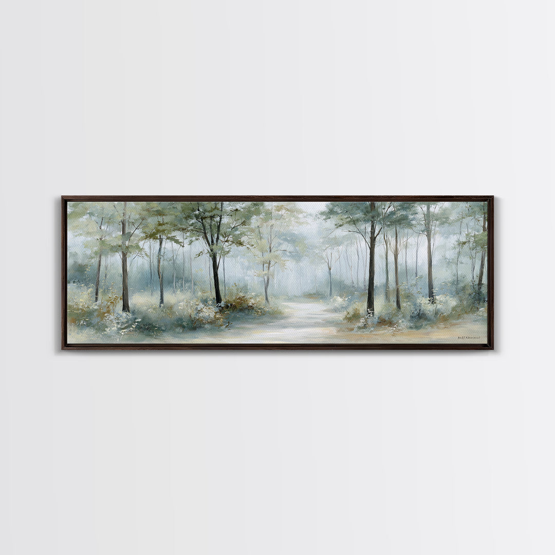 Misty Forest Path Framed Canvas Print, Waiting Room Art, Waiting Room Decor, Oil Painting, Calm, Office Wall Art, WRA-3x1-99