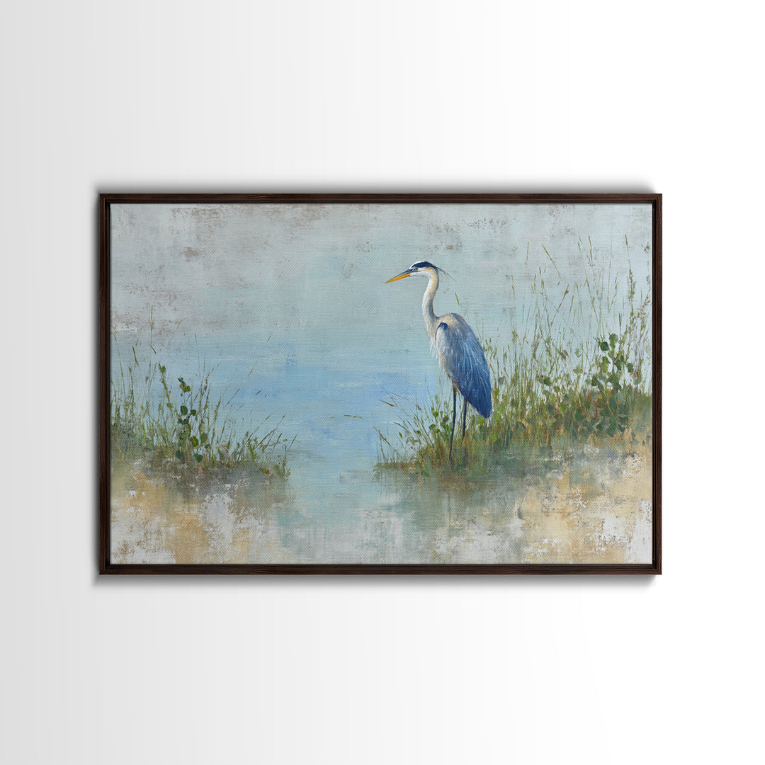 Blue Heron in Quiet Marsh Framed Canvas Print, Waiting Room Art, Gallery Decor, Waiting Room Decor, Abstract Art, Calm, WRA-3x2-64