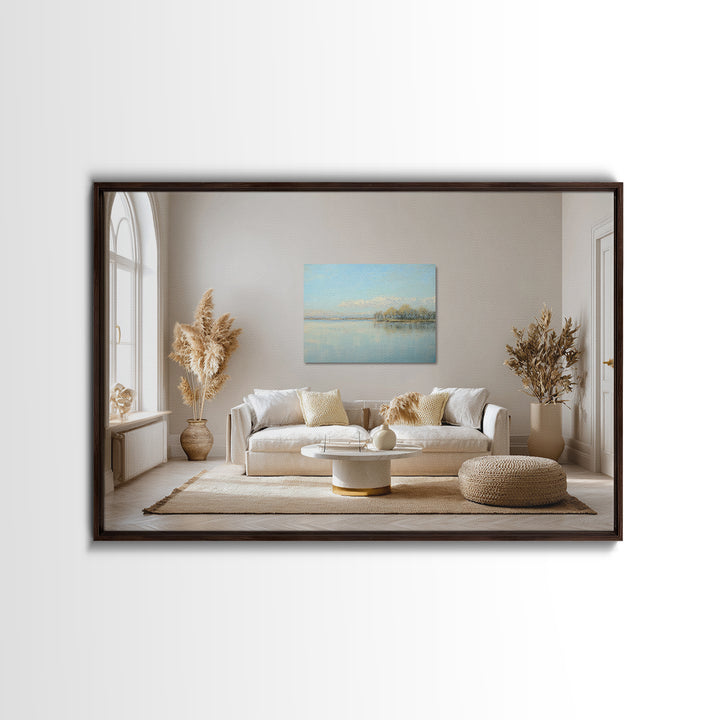 Peaceful Lake Reflection at Dawn Framed Canvas Print, Waiting Room Art, Living Room Wall Art, Waiting Room Decor, Calm, WRA-3x2-8