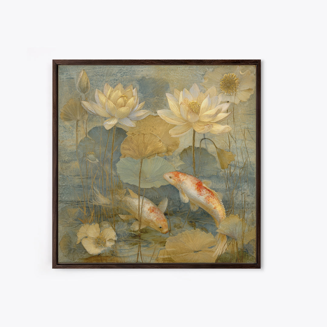 Lotus and Koi Water Scene Framed Canvas Print, Yoga Studio Art, Minimalist Art, Yoga Studio Decor, Fine Art, Balance, YSA-1x1-46