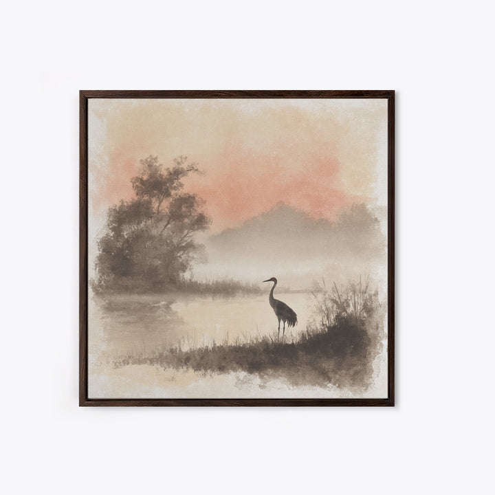 White Crane in Misty Morning Framed Canvas Print, Yoga Studio Art, Gym Art, Yoga Studio Decor, Balance, Minimalist Decor, YSA-1x1-63