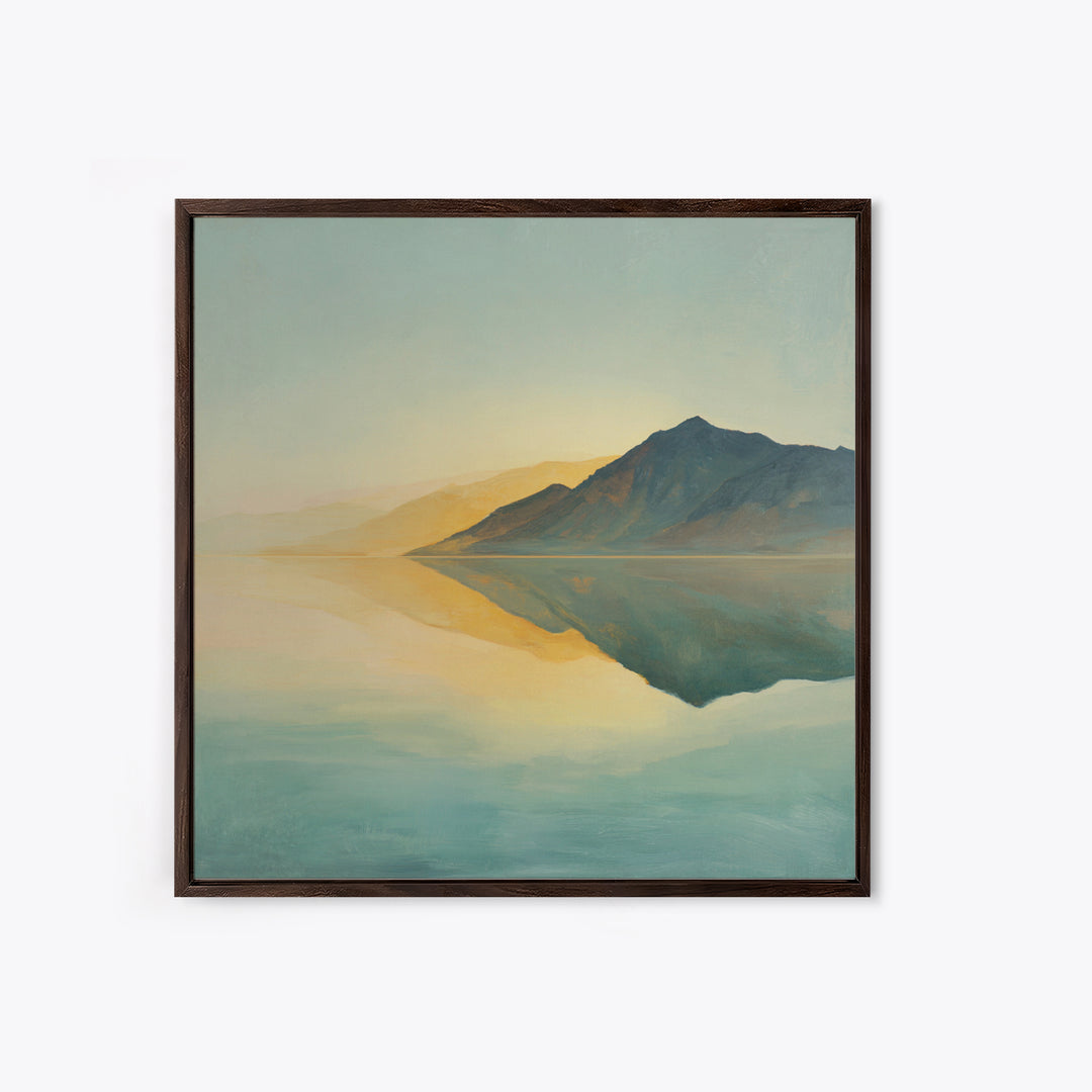 Sunrise Mountain Lake Reflection Framed Canvas Print, Yoga Studio Art, Boho Art, Yoga Studio Decor, Oil Painting, Balance, YSA-1x1-68