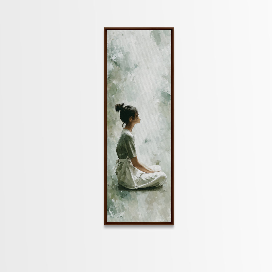 Soft Watercolor Aura Around Seated Figure Framed Canvas Print, Yoga Studio Art, Mandala Wall Art, Yoga Studio Decor, Balance, YSA-1x3-83