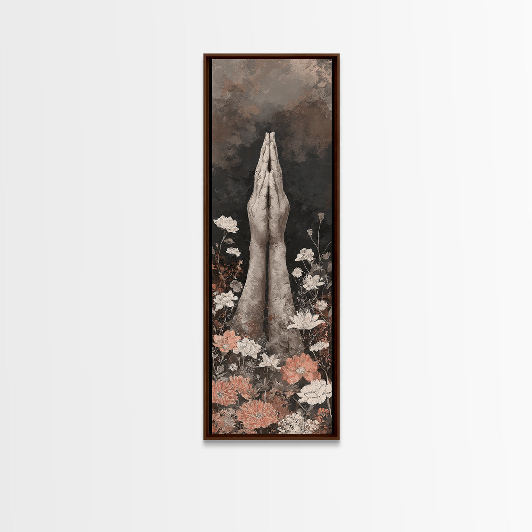 Yoga Hands in Prayer with Small Flowers Canvas Print, Yoga Studio Art, Feminine Wall Art, Yoga Studio Decor, Oil Painting, YSA-1x3-95