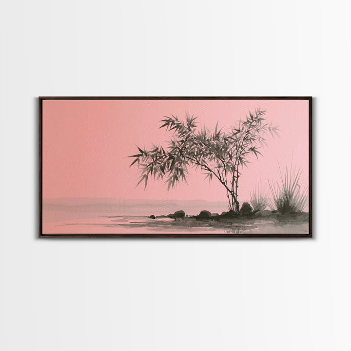 Bamboo and Mist Ink Wash Composition Canvas Print, Yoga Studio Art, Contemporary Art, Yoga Studio Decor, Fine Art, Balance, YSA-2x1-54
