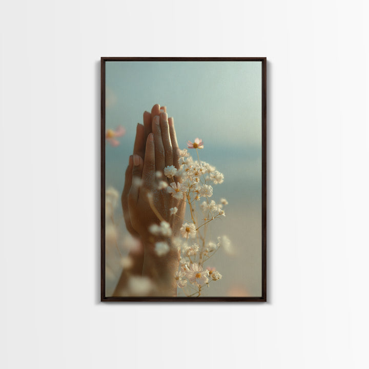 Yoga Hands in Prayer with Small Flowers Framed Canvas Print, Yoga Studio Art, Yoga Studio Decor, Watercolor Art, Balance, YSA-2x3-19