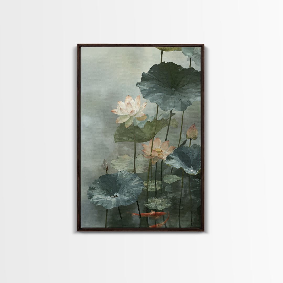 Lotus and Koi Water Scene Framed Canvas Print, Yoga Studio Art, Boho Decor, Yoga Studio Decor, Balance, Bookshelf Decor, YSA-2x3-30