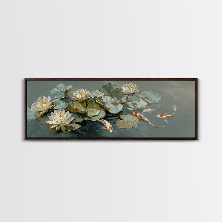Lotus and Koi Water Scene Canvas Print, Yoga Studio Art, Boho Wall Hanging, Yoga Studio Decor, Fine Art, Balance, YSA-3x1-14
