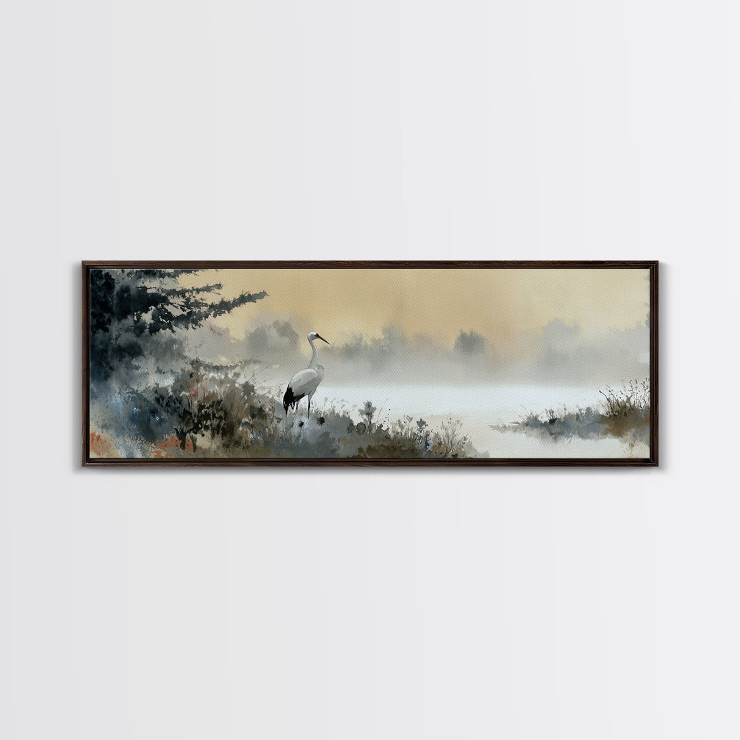 White Crane in Misty Morning Framed Canvas Print, Yoga Studio Art, Minimalist Wall Art, Yoga Studio Decor, Oil Painting, YSA-3x1-79