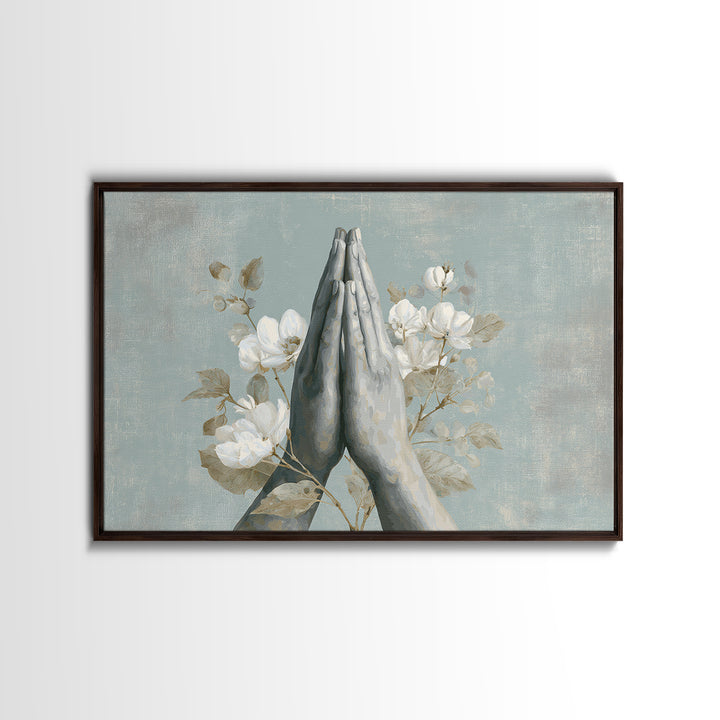 Yoga Hands in Prayer with Small Flowers Canvas Print, Yoga Studio Art, Living Room Wall Art, Yoga Studio Decor, Balance, YSA-3x2-15
