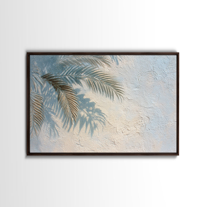 Gentle Palm Leaf Shadow on Plaster Framed Canvas Print, Yoga Studio Art, Minimalist Wall Art, Yoga Studio Decor, Balance, YSA-3x2-28