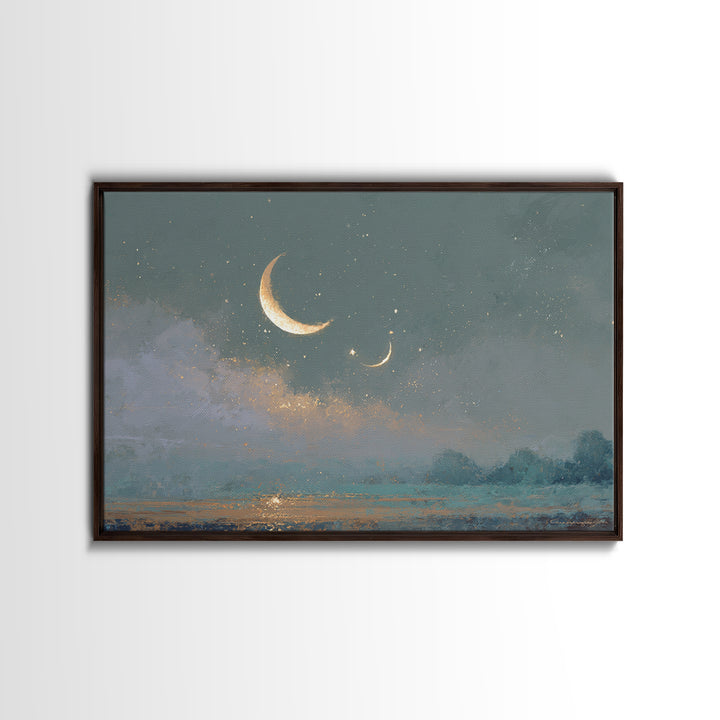 Crescent Moon and Stars Framed Canvas Print, Yoga Studio Art, Large Wall Decor, Yoga Studio Decor, Fine Art, Balance, YSA-3x2-46
