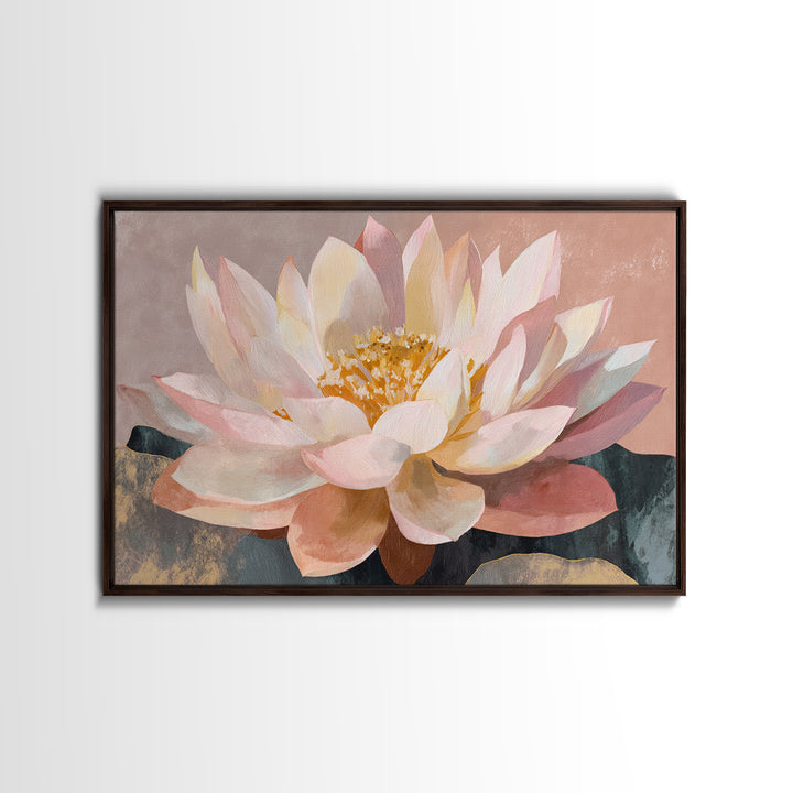 Lotus Flower with Soft Golden Glow Framed Canvas Print, Yoga Studio Art, Yoga Studio Decor, Watercolor Art, Balance, YSA-3x2-55