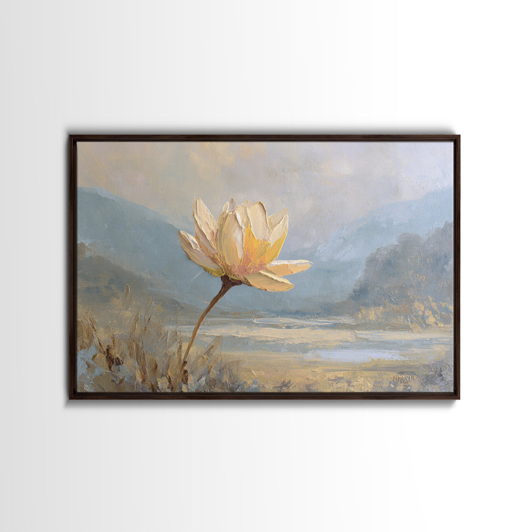 Lotus Flower with Soft Golden Glow Framed Canvas Print, Yoga Studio Art, Feminine Wall Art, Yoga Studio Decor, Watercolor Art, YSA-3x2-79