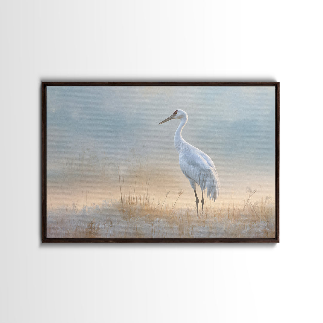 White Crane in Misty Morning Framed Canvas Print, Yoga Studio Art, Art Print, Yoga Studio Decor, Oil Painting, Balance, YSA-3x2-91