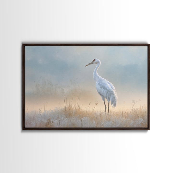 White Crane in Misty Morning Framed Canvas Print, Yoga Studio Art, Art Print, Yoga Studio Decor, Oil Painting, Balance, YSA-3x2-91