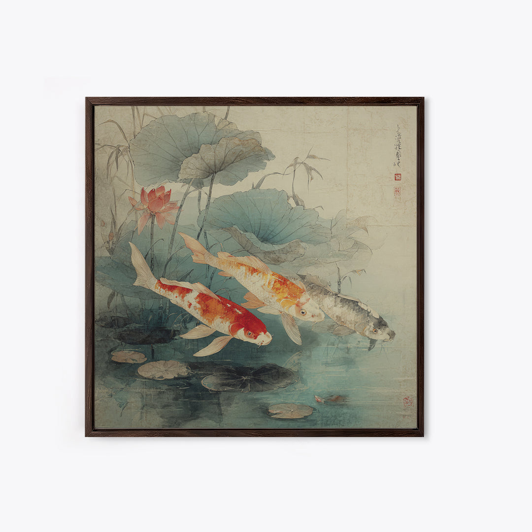 Koi Fish Beneath Floating Lotus Leaves Framed Canvas Print, Zen Art, Metal Wall Art, Living Room Decor, Oil Painting, Zen, ZEN-1x1-28