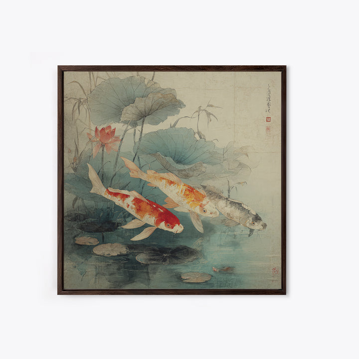 Koi Fish Beneath Floating Lotus Leaves Framed Canvas Print, Zen Art, Metal Wall Art, Living Room Decor, Oil Painting, Zen, ZEN-1x1-28