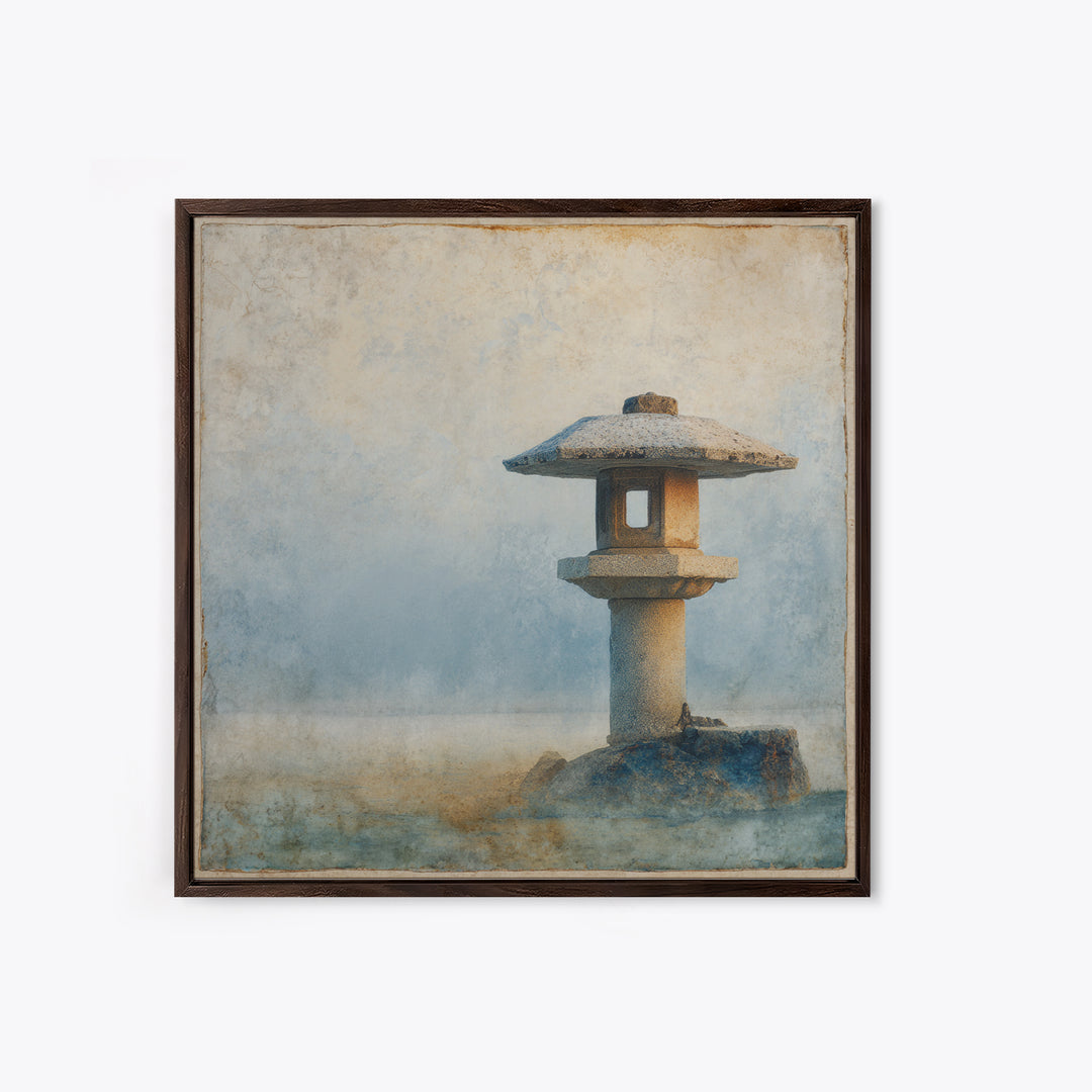 Stone Lantern in Morning Fog Without Garden Framed Canvas Print, Zen Art, Contemporary Art, Living Room Decor, Fine Art, Zen, ZEN-1x1-66