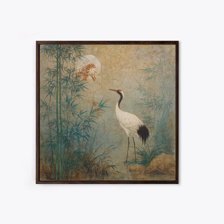 White Crane Standing Framed Canvas Print, Zen Art, Luxury Decor, Living Room Decor, Oil Painting, Zen, Large Wall Art, ZEN-1x1-79