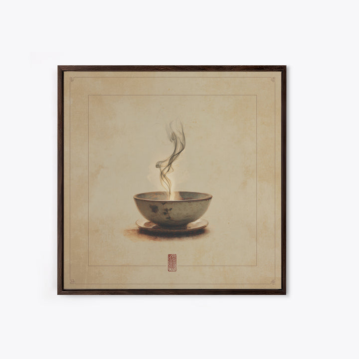 Tea Bowl with Steam Rising Gently Framed Canvas Print, Zen Art, Statement Artwork, Living Room Decor, Fine Art, Zen, ZEN-1x1-80