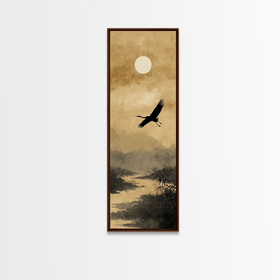 Crane Flying Across Pale Sun Canvas Print, Zen Art, Beach Decor, Living Room Decor, Abstract Art, Zen, Modern Decor, ZEN-1x3-60