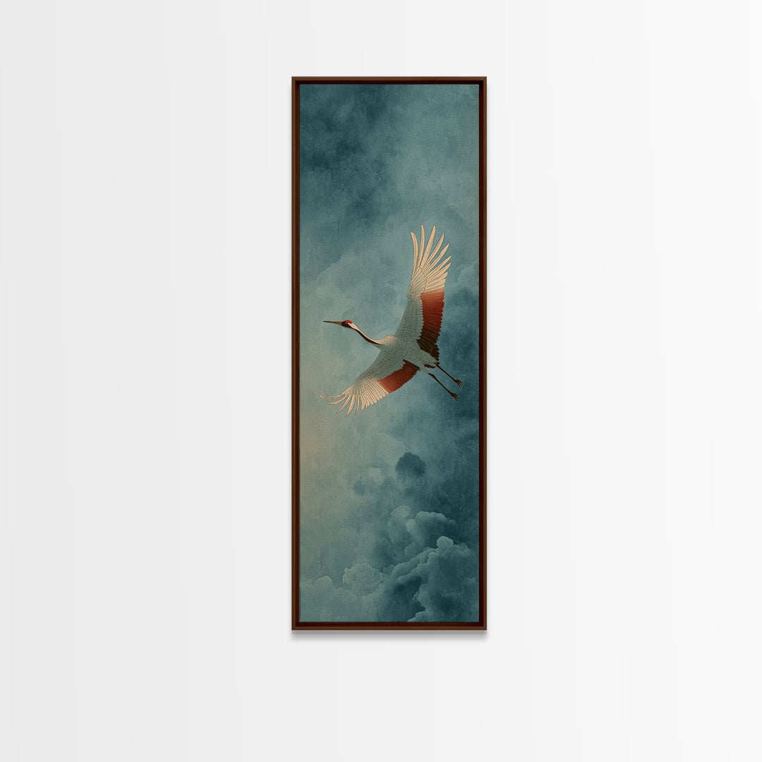 Crane Flying Across Pale Sun Framed Canvas Print, Zen Art, Flower Print, Living Room Decor, Fine Art, Zen, Textured Painting, ZEN-1x3-84