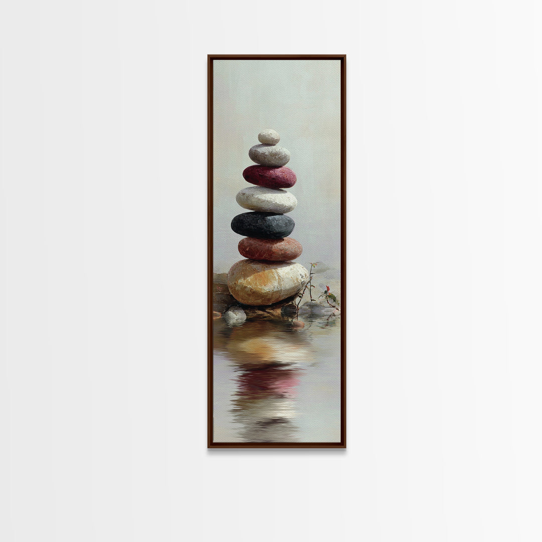 Stacked Stones Beside Still Water Framed Canvas Print, Zen Art, Wall Decor, Living Room Decor, Fine Art, Zen, Japanese Wall Art, ZEN-1x3-87