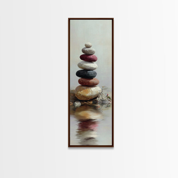 Stacked Stones Beside Still Water Framed Canvas Print, Zen Art, Wall Decor, Living Room Decor, Fine Art, Zen, Japanese Wall Art, ZEN-1x3-87