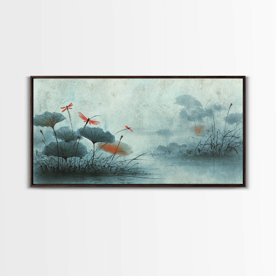Dragonfly over Lotus Pond Framed Canvas Print, Zen Art, Room Decor, Living Room Decor, Fine Art, Zen, Canvas Wall Art, ZEN-2x1-12