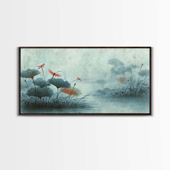 Dragonfly over Lotus Pond Framed Canvas Print, Zen Art, Room Decor, Living Room Decor, Fine Art, Zen, Canvas Wall Art, ZEN-2x1-12
