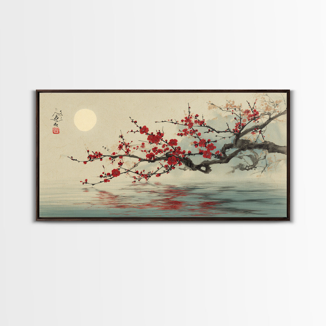 Black Branch with One Red Blossom Framed Canvas Print, Zen Art, Japanese Wall Art, Living Room Decor, Watercolor Art, Zen, ZEN-2x1-29