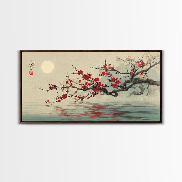 Black Branch with One Red Blossom Framed Canvas Print, Zen Art, Japanese Wall Art, Living Room Decor, Watercolor Art, Zen, ZEN-2x1-29