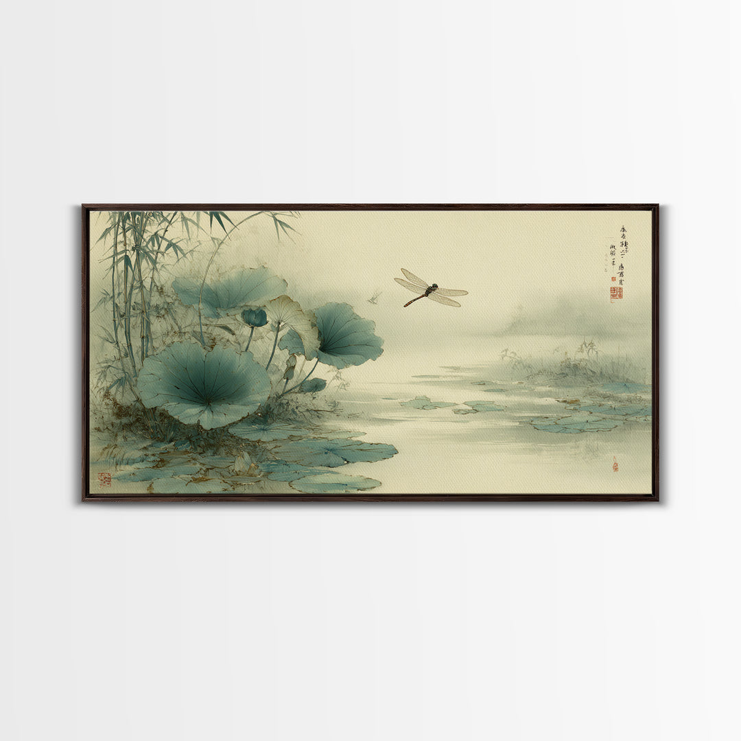 Dragonfly over Lotus Pond Framed Canvas Print, Zen Art, Large Wall Art, Living Room Decor, Oil Painting, Zen, Beach Decor, ZEN-2x1-60