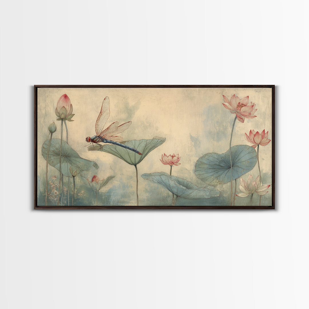 Dragonfly over Lotus Pond Framed Canvas Print, Zen Art, Japandi Wall Art, Living Room Decor, Fine Art, Zen, Neutral Decor, ZEN-2x1-84