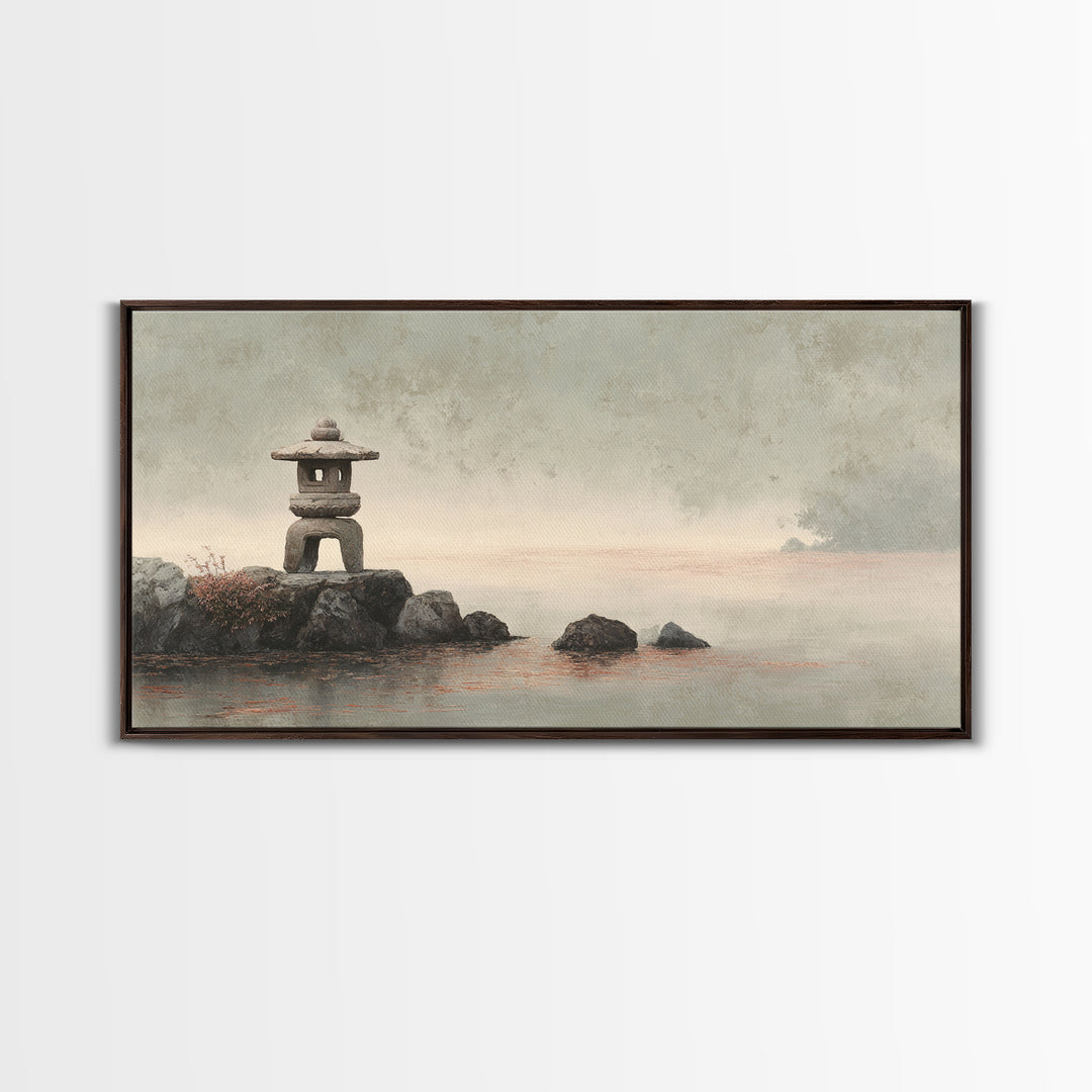 Stone Lantern in Morning Fog Without Garden Framed Canvas Print, Zen Art, Digital Print, Living Room Decor, Fine Art, Zen, ZEN-2x1-86
