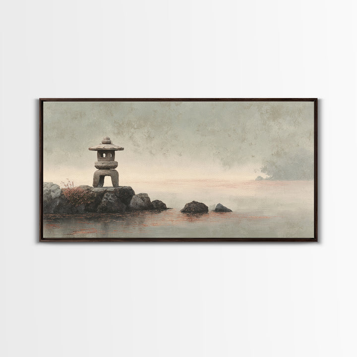 Stone Lantern in Morning Fog Without Garden Framed Canvas Print, Zen Art, Digital Print, Living Room Decor, Fine Art, Zen, ZEN-2x1-86