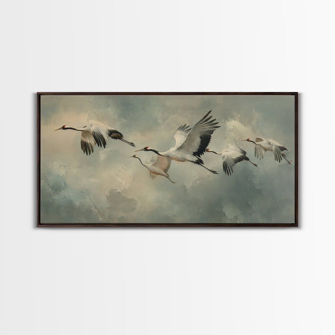 Crane Flying Across Pale Sun Framed Canvas Print, Zen Art, Japanese Wall Art, Living Room Decor, Oil Painting, Zen, ZEN-2x1-92