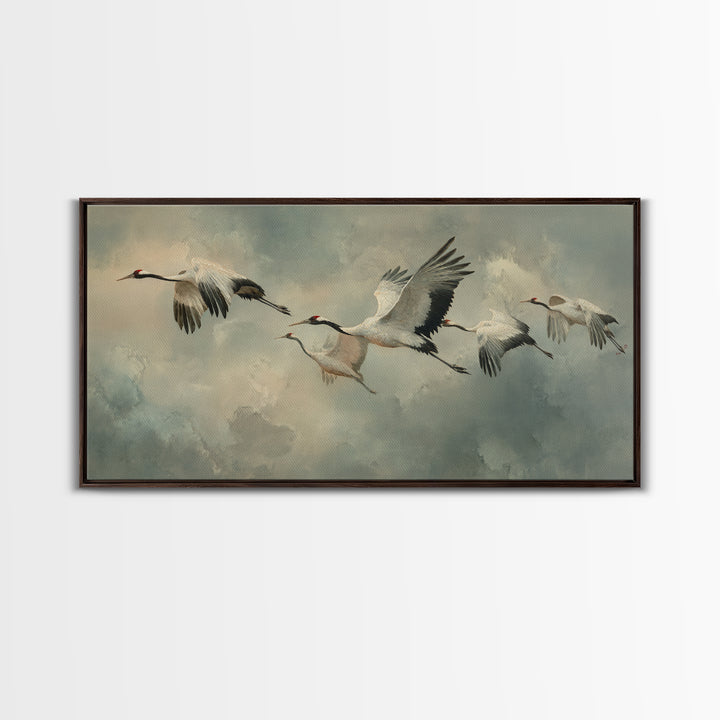 Crane Flying Across Pale Sun Framed Canvas Print, Zen Art, Japanese Wall Art, Living Room Decor, Oil Painting, Zen, ZEN-2x1-92