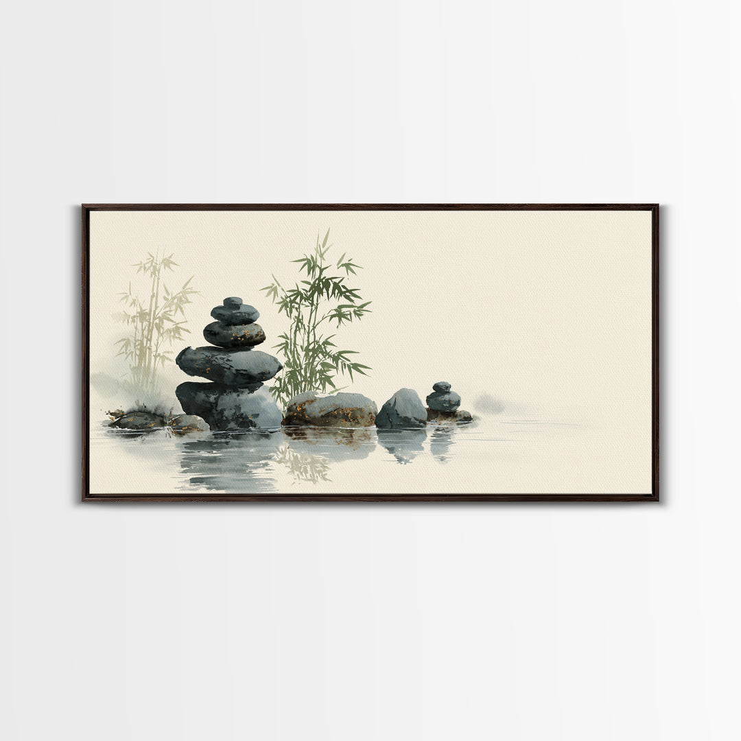 Stacked Stones Beside Still Water Framed Canvas Print, Zen Art, Statement Artwork, Living Room Decor, Fine Art, Zen, ZEN-2x1-95
