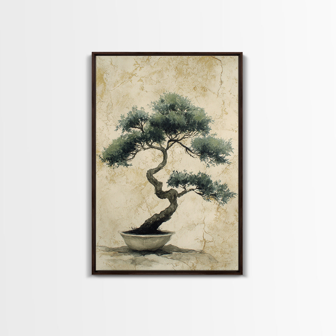 Bonsai Tree in Simple Ceramic Pot Framed Canvas Print, Zen Art, Extra Large Wall Art, Living Room Decor, Oil Painting, Zen, ZEN-2x3-20