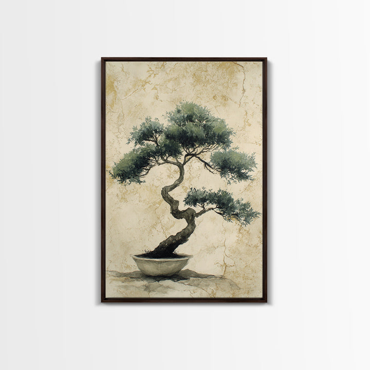 Bonsai Tree in Simple Ceramic Pot Framed Canvas Print, Zen Art, Extra Large Wall Art, Living Room Decor, Oil Painting, Zen, ZEN-2x3-20